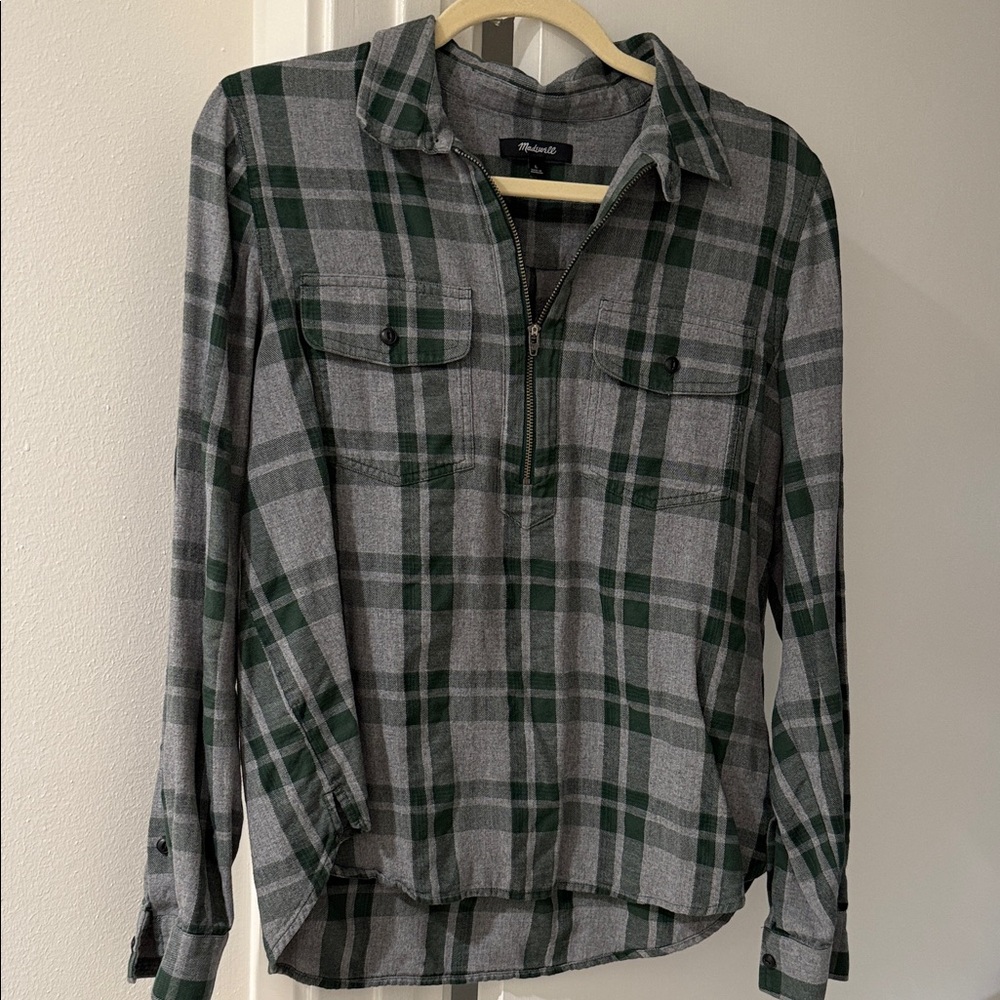 Madewell Green and Gray Plaid Button Down Shirt